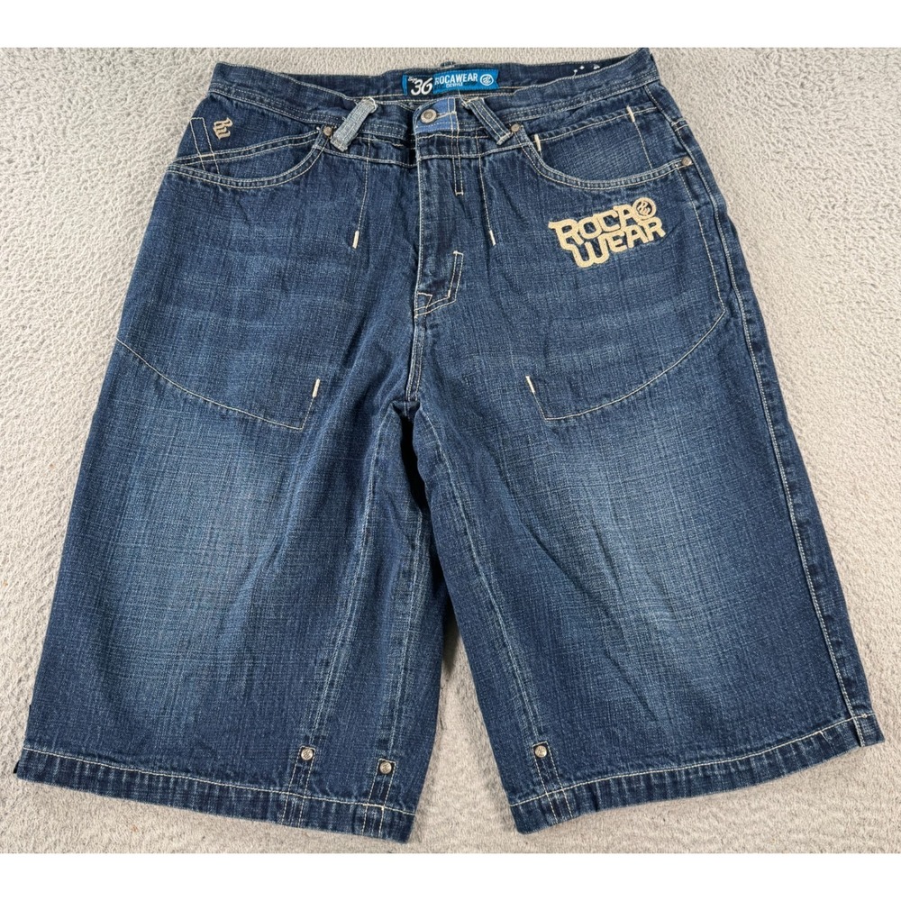 Vintage‎ Rocawear Shorts Men's 34x15 Blue Denim Faded Baggy Hip Hop Loose Y2K